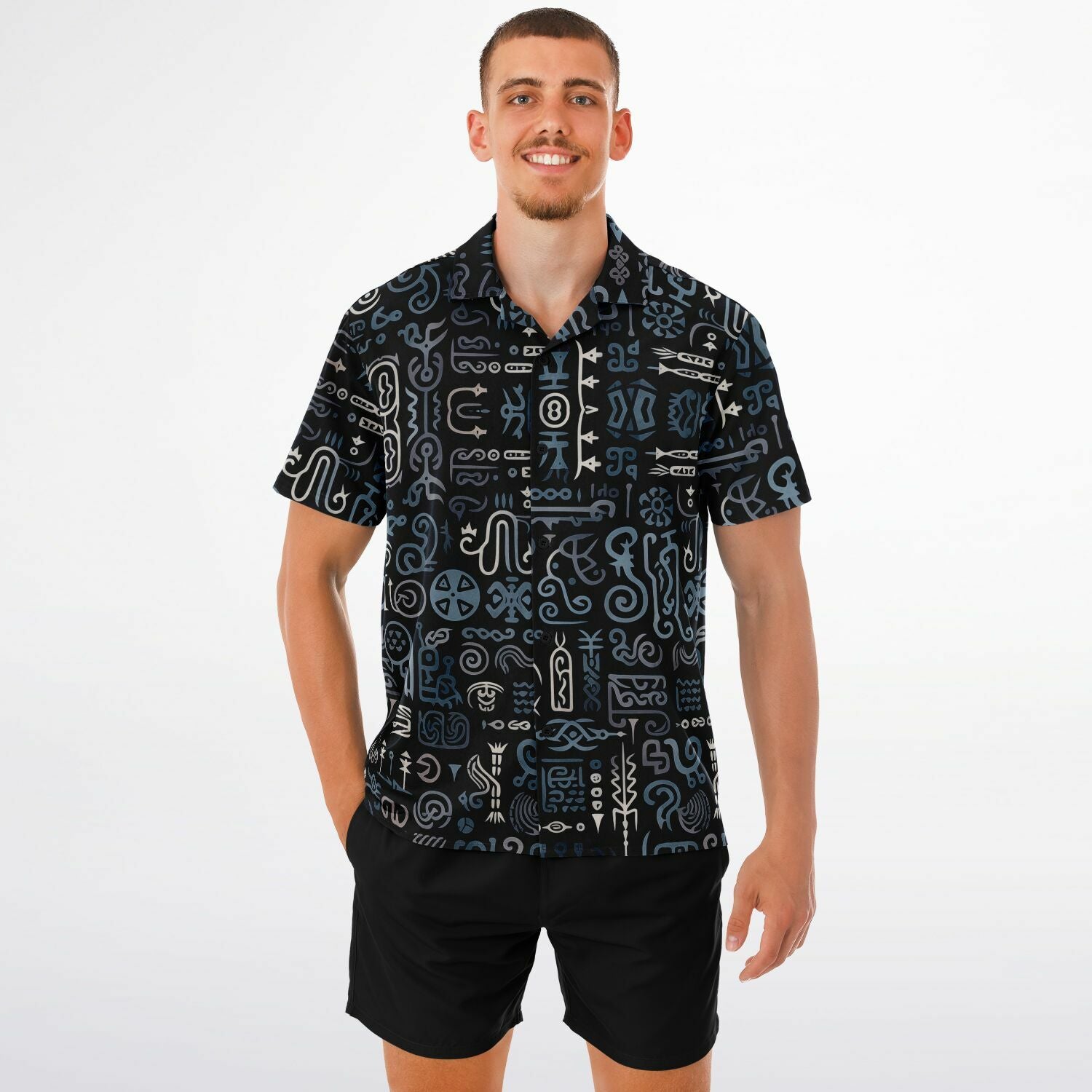 Spread Collar Short Sleeve Button-Down Shirt -  Norse Viking & Mythology Collection - Norse Symbols - Nine Worlds Gear