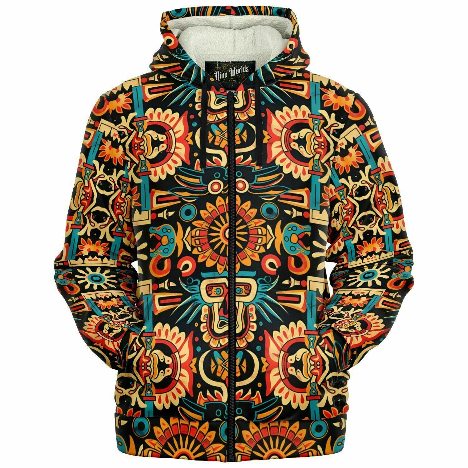 Fleece-lined Zip Hoddie -  Mayan Folk Art - Nine Worlds Gear