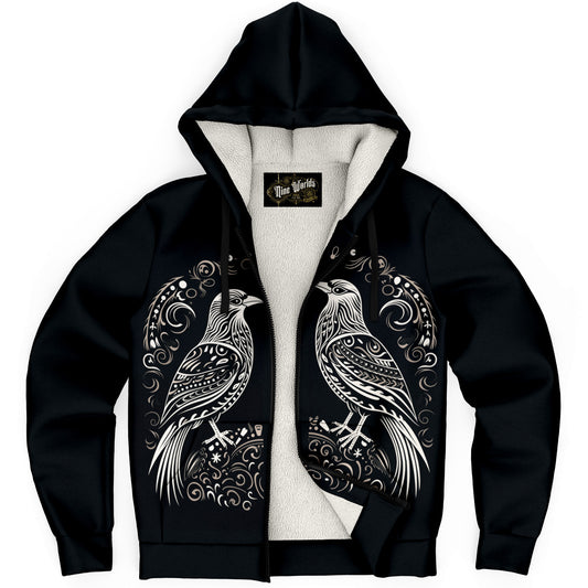 Fleece-Lined Zip  Hoodie - Norse Viking & Mythology Collection - Huginn and Muninn - Nine Worlds Gear