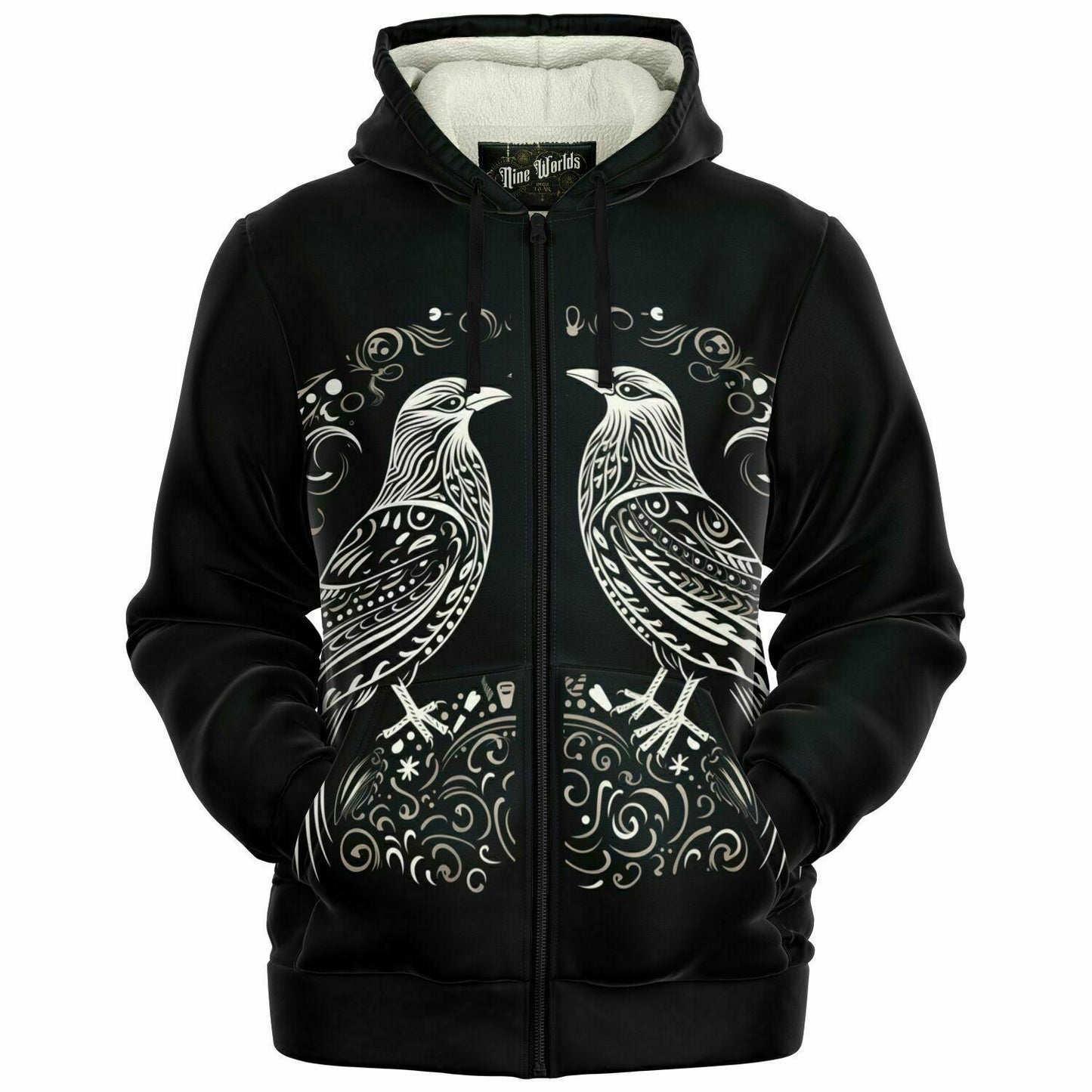 Fleece-Lined Zip  Hoodie - Norse Viking & Mythology Collection - Huginn and Muninn - Nine Worlds Gear