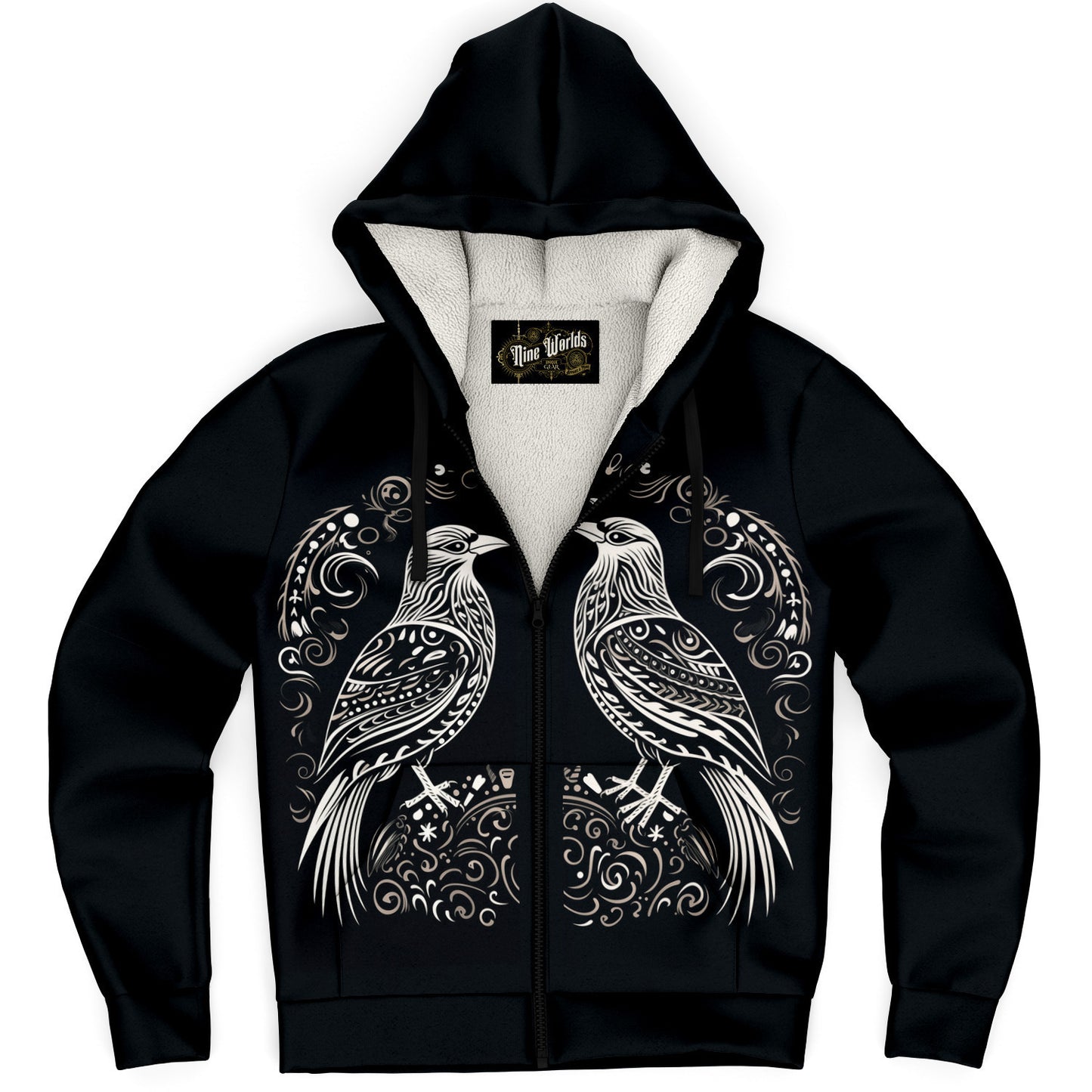 Fleece-Lined Zip  Hoodie - Norse Viking & Mythology Collection - Huginn and Muninn - Nine Worlds Gear