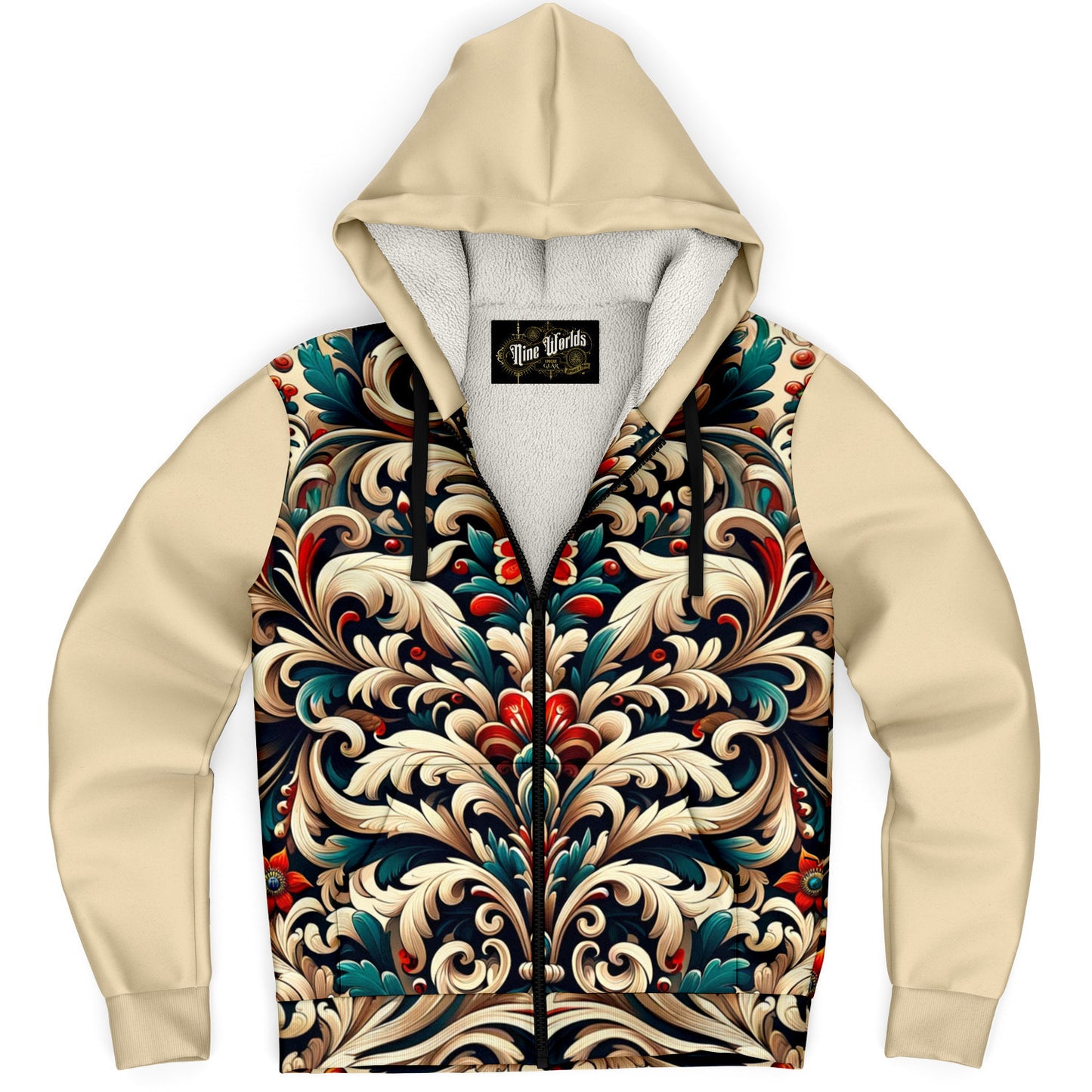 Fleece-Lined Zip Hoodie -  Norwegian Folk Art - Nine Worlds Gear