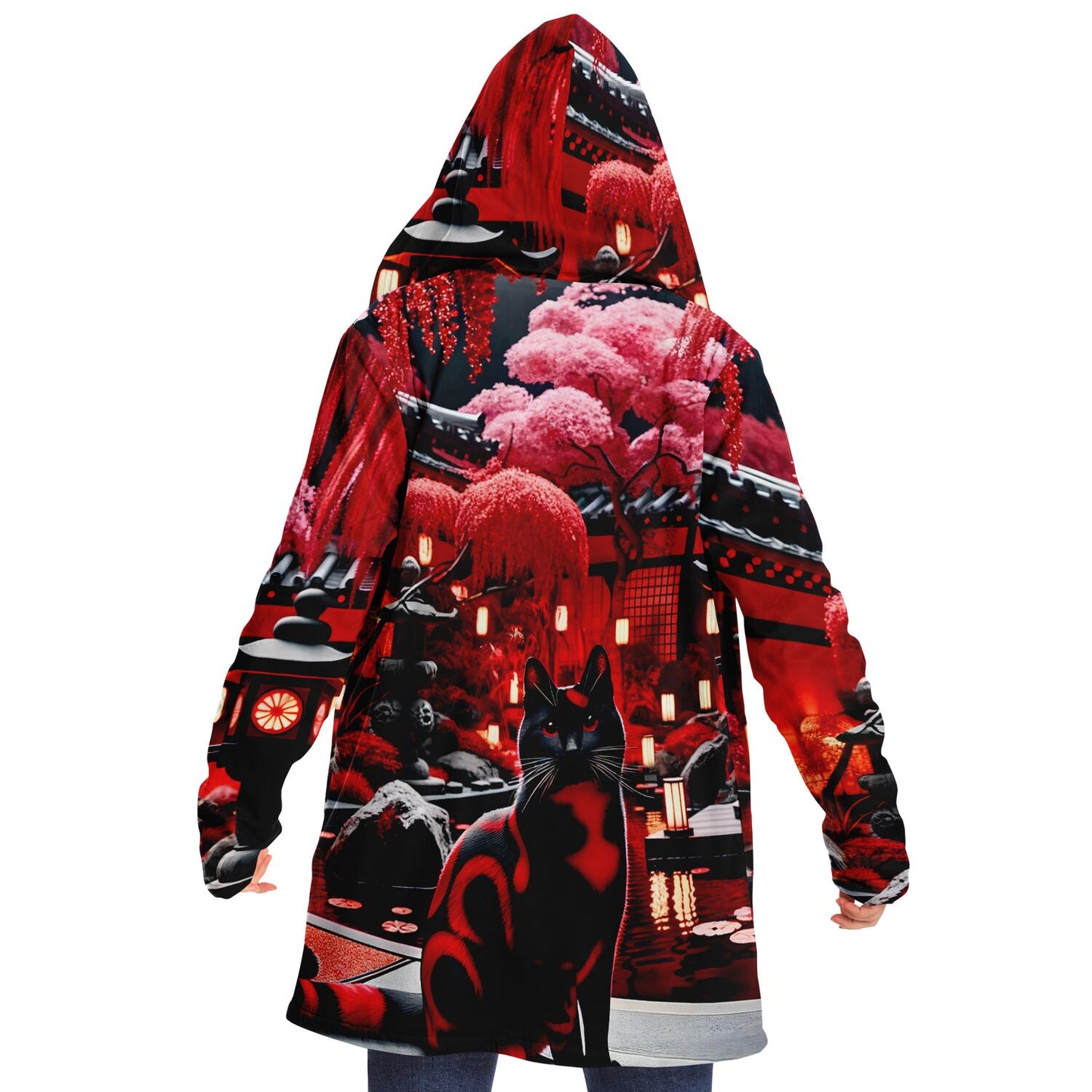 Microfleece Cloak - Red Japanese Garden - Nine Worlds Gear