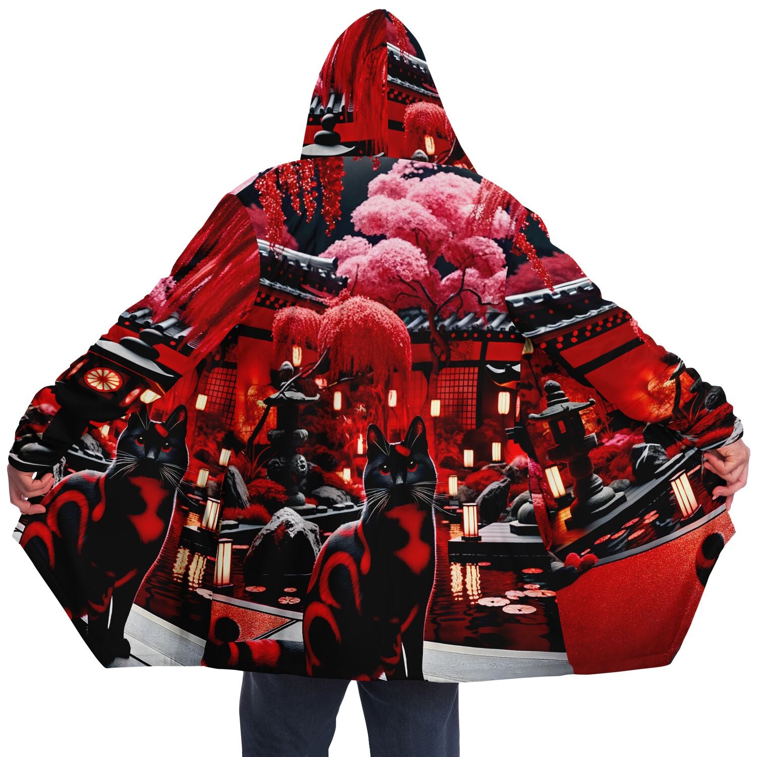 Microfleece Cloak - Red Japanese Garden - Nine Worlds Gear