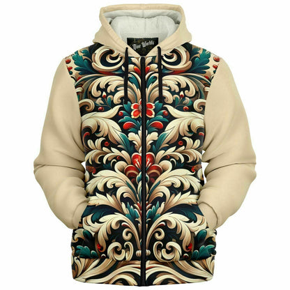 Fleece-Lined Zip Hoodie -  Norwegian Folk Art - Nine Worlds Gear