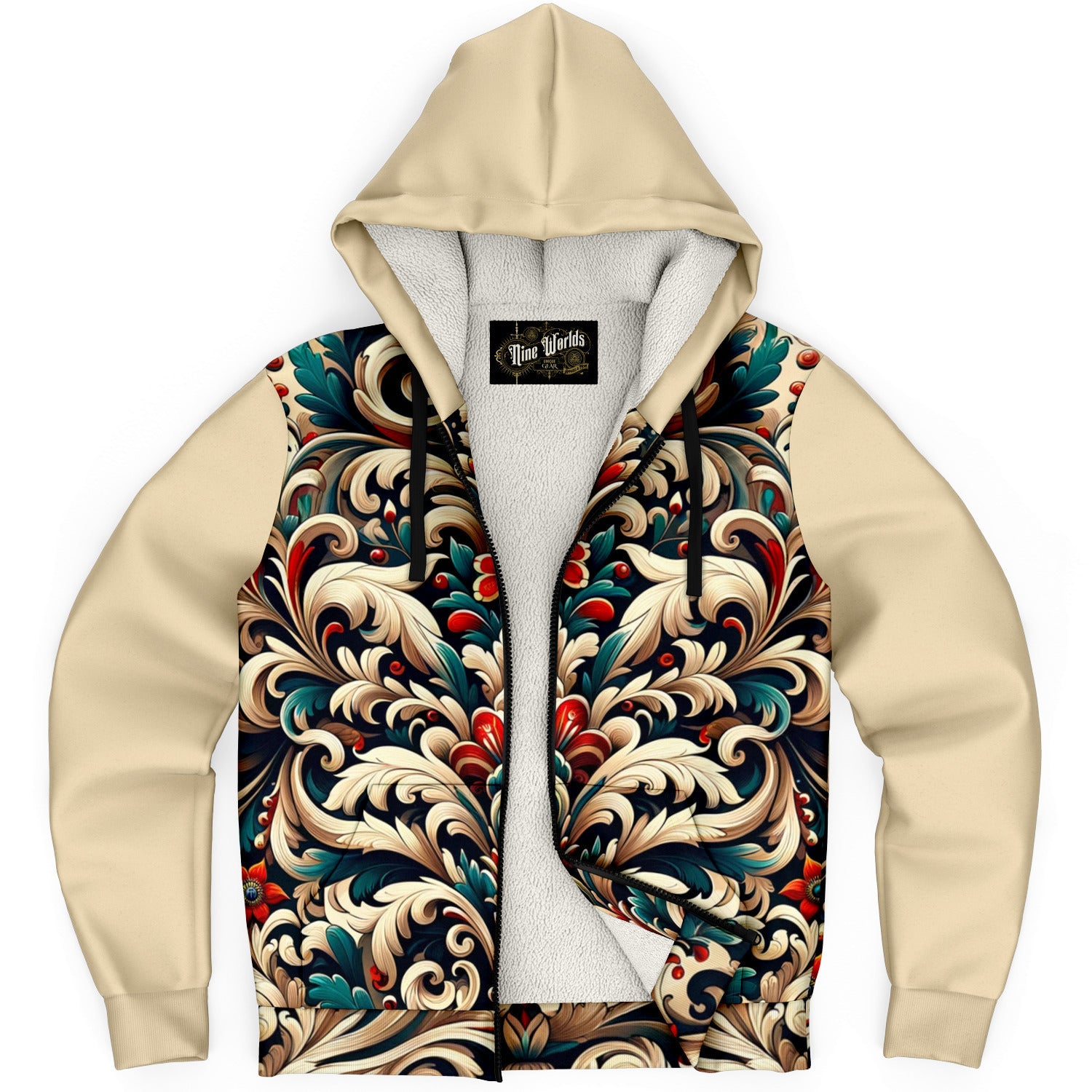 Fleece-Lined Zip Hoodie -  Norwegian Folk Art - Nine Worlds Gear