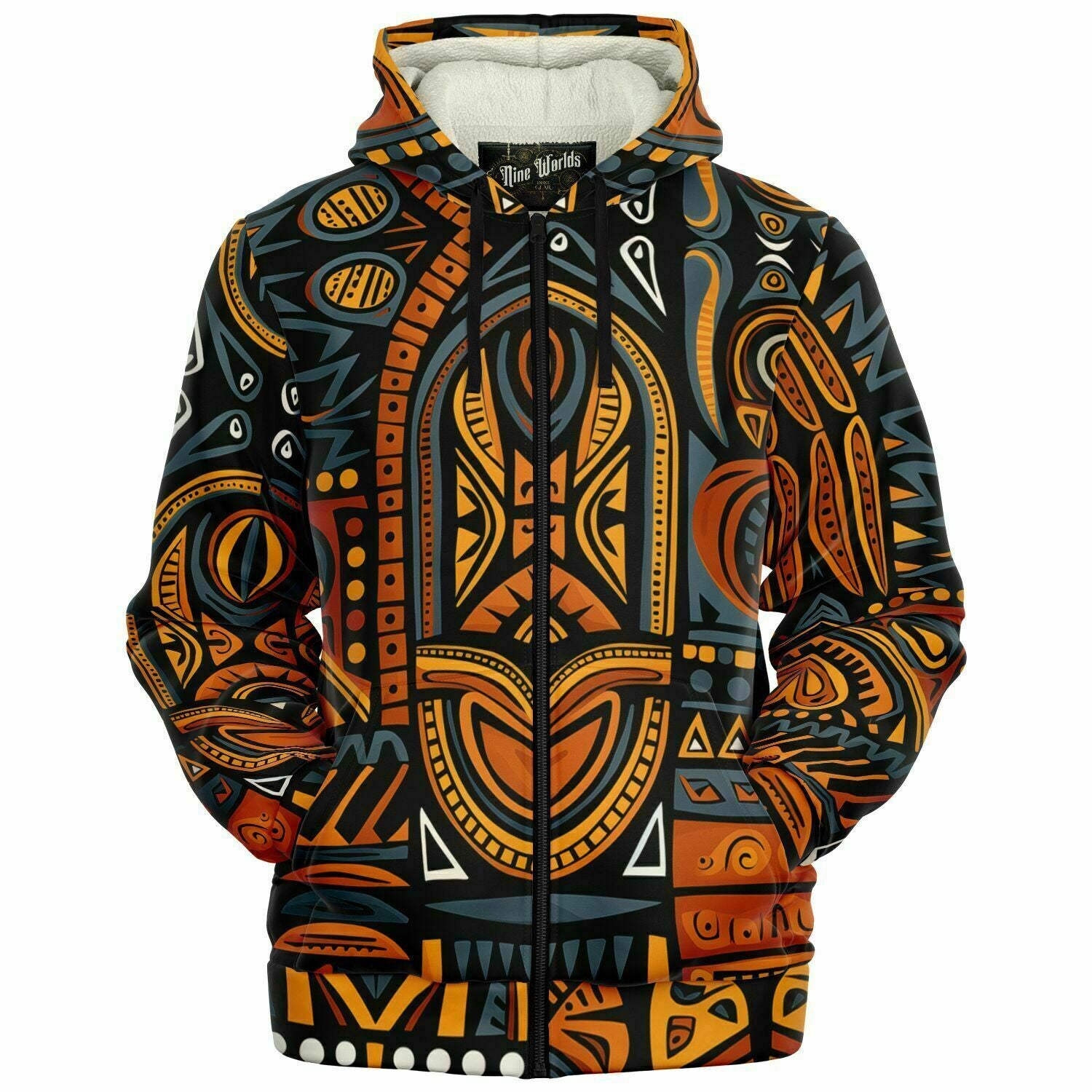 Fleece-Lined Zip Hoodie - African Tribal Art - Nine Worlds Gear